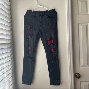 Distressed Black Jeans with Red Accents
